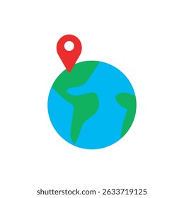 Vector plano de un globo terráqueo con un pin rojo que marca una ubicación, apto para viajes, navegación global o logística internacional.
