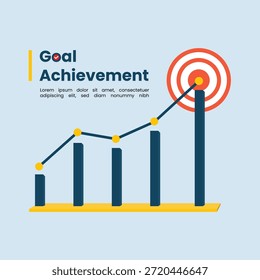 Ilustración de logro de objetivo de Vector plano con gráfico de barras y objetivo. Perfecto para el éxito empresarial.