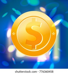 Flat vector golden coin isolated on blue blurred background. Coin with dollaÐº currency illustration. Cash symbol, sign. Game money element. 