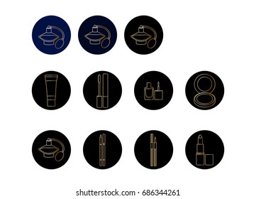 flat vector golden contour icons set with cosmetic items and gradient on the black background