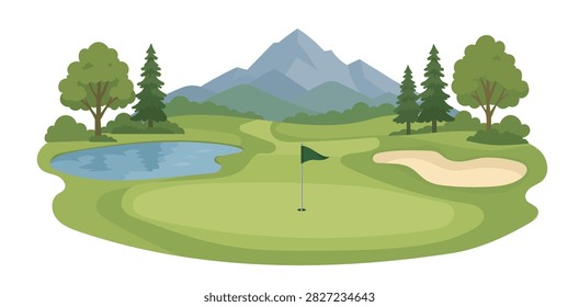 Flat vector golf course landscape with green flag, pond, trees, and mountains. Ideal for sports, recreation, travel, maps, and golf themes.
