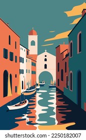 flat vector gondola venice grand canal italy city attraction background poster illustration