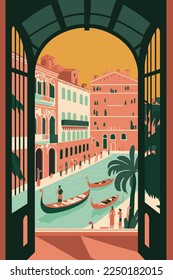 flat vector gondola venice grand canal italy city attraction background poster illustration