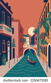 flat vector gondola venice grand canal italy city attraction background poster illustration