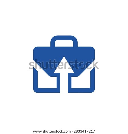 A flat vector graphic of a blue briefcase featuring an arrow pointing upward through the center symbolizing professional advancement job promotion and success