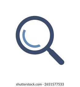 A flat vector graphic of a blue magnifying glass centered on a White Background. The design is clean and modern.