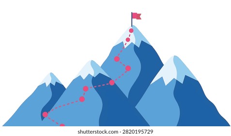 Flat vector graphic of blue snow-capped mountains with a red dotted winding path leading to the highest peak summit marked by a red flag icon on a clean white background.