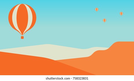 Flat vector graphic of canyons and hot air balloons in vintage style.
