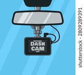 Flat vector graphic celebrating National Dash Cam Day on August 5th featuring a modern dashboard camera mounted below a car rearview mirror against a soft blue background.