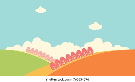 Flat vector graphic of colourful landscape of hills and trees.