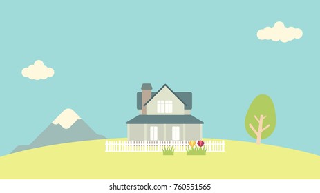 Flat vector graphic of country house landscape with mountain tree grass and flowers.