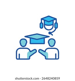 A flat vector graphic depicting graduation with people and academic hats. Uses blue and cyan colors on a White Background.