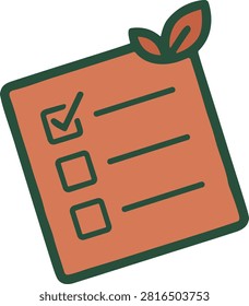 A flat vector graphic depicting a task list with one completed item and two blank entries, adorned with two leaves, symbolizing healthy habits, personal wellness, or mindful living.