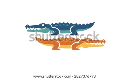Flat vector graphic depicting two stylised crocodiles, one colored in dark blue and the other in vibrant orange.