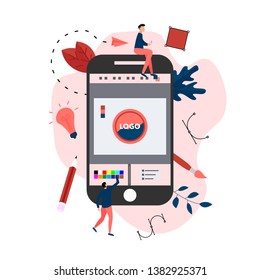 Flat vector graphic design concept with computer designer with an open design application with a creative project	