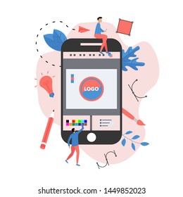 Flat vector graphic design concept with computer designer with an open design application with a creative project	