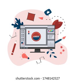 Flat vector graphic design concept with designer with an open design application with a creative project	
