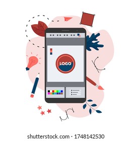 Flat vector graphic design concept with designer with an open design application with a creative project	
