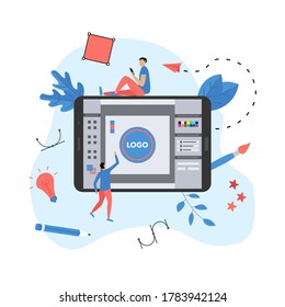 Flat vector graphic design concept with designer with an open design application with a creative project