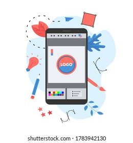 Flat vector graphic design concept with designer with an open design application with a creative project