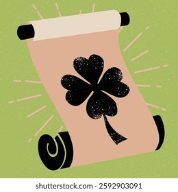 A flat vector graphic design of an old scroll with a black shamrock emblem on it, a muted pastel green background, minimalism, simple shapes, a vintage retro cartoon style, a simple hand-drawn doodle 