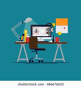 Flat vector graphic designer workplace concept featuring work desk equipped with lamp, sketchbooks, markers and pencils, large monitor, headphones, tablet, etc. Creative professional workplace