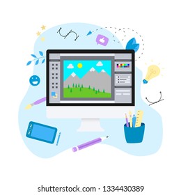 Flat vector graphic drawing concept with open illustration application with a creative project