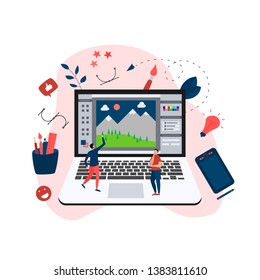Flat vector graphic drawing concept with open illustration application with a creative project	
