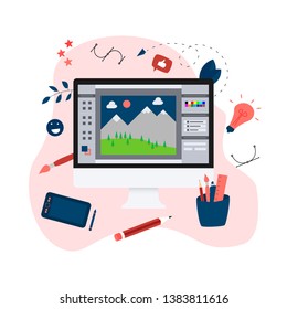 Flat vector graphic drawing concept with open illustration application with a creative project	