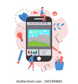 Flat vector graphic drawing concept with open illustration application with a creative project	