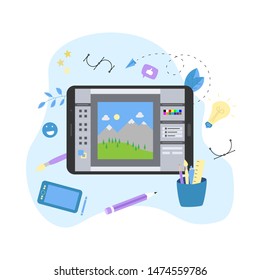 Flat vector graphic drawing concept with open illustration application with a creative project	