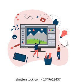 Flat vector graphic drawing concept with open illustration application with a creative project	
