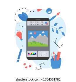 Flat vector graphic drawing concept with open illustration application with a creative project