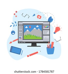 Flat vector graphic drawing concept with open illustration application with a creative project