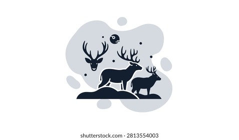 A flat vector graphic featuring silhouettes of a large buck and a smaller deer standing on a hill with a deer head icon above them.
