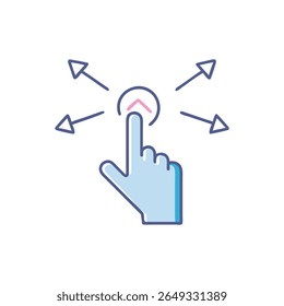 Flat vector graphic of finger pressing a button with four arrows, clean design.