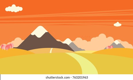 Flat vector graphic of golden meadow landscape with mountains of spring.