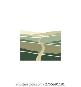 Flat vector graphic of a hedgerow-linked farmland habitat with connected land bands and field transitions.