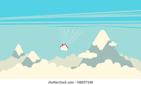Flat vector graphic of a house hanging on crowd of birds and fly on the sky. Concept of travel like living at home.