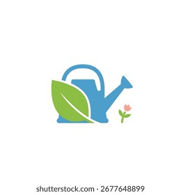 Icono de Vector plano que representa una regadera azul, una Grande hoja verde y una Pequeña flor rosa floreciente con un tallo verde.