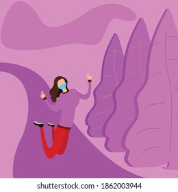 Flat Vector Graphic Illustration of a girl wearing a mask is jumping for joy welcoming the coming of Christmas and you can see a row of pine trees around it.