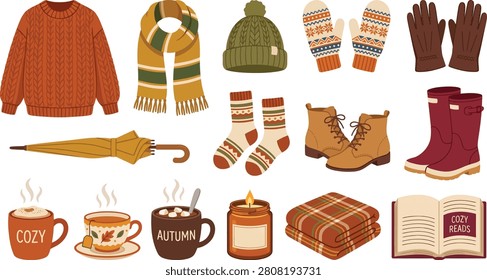 Flat vector graphic illustration showing a collection of cozy autumn season clothing items accessories and warm drinks for seasonal comfort