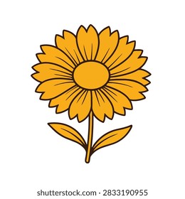 A flat vector graphic illustration of a single yellow daisy flower with two leaves and dark outlines