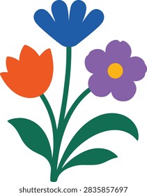 A flat vector graphic illustration of a vibrant bouquet of three spring wild flowers in a simple retro style. The clean design features stylized colorful blossoms on dark gree