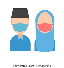 flat vector graphic indonesian moslem couple using mask. good for health service advertisements. flat design. flat illustration