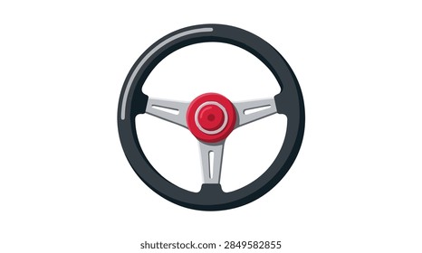 flat vector graphic of an isolated steering wheel featuring a bold red center and chrome spokes designed for automotive concepts