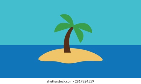 Flat vector graphic of a lone palm tree on a small tropical island with tropical