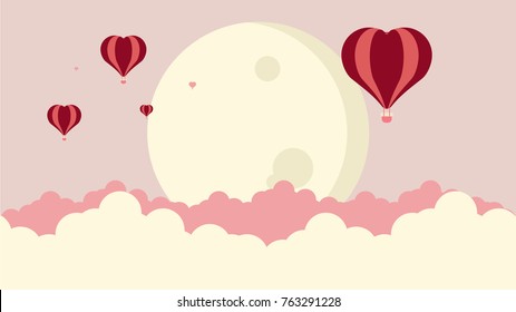 Flat vector graphic of many heart shape hot air balloon of love fly pass big romantic moon in Valentine night.
