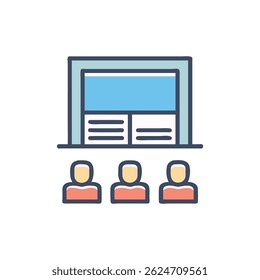 Flat vector graphic of a presentation screen and three audience members. Clean and modern style.