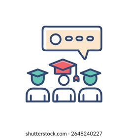 Flat vector graphic showing graduating students with a conversation bubble. The style is simple, modern and iconographic.